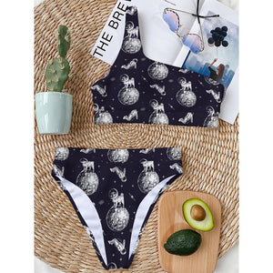 Astronaut Pug In Space Pattern Print One Shoulder Bikini Top