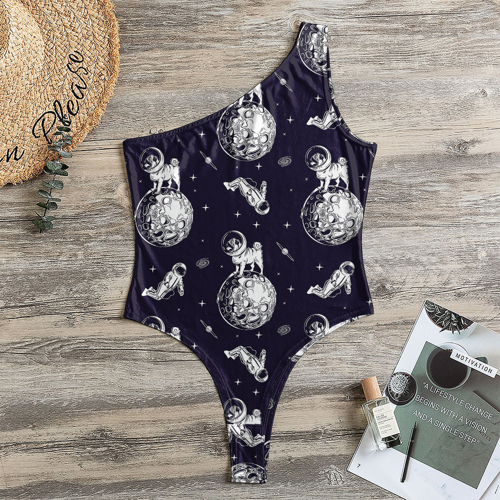 Astronaut Pug In Space Pattern Print One Shoulder Bodysuit