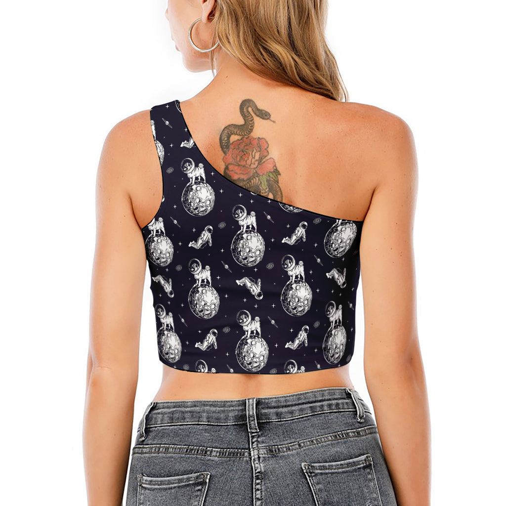 Astronaut Pug In Space Pattern Print One Shoulder Crop Top