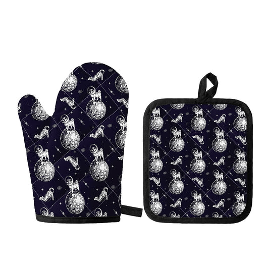 Astronaut Pug In Space Pattern Print Oven Mitt And Pot Holder Set