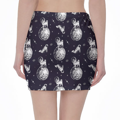 Astronaut Pug In Space Pattern Print Pencil Mini Skirt
