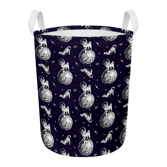 Astronaut Pug In Space Pattern Print Round Laundry Basket