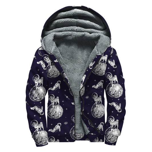 Astronaut Pug In Space Pattern Print Sherpa Lined Zip Up Hoodie