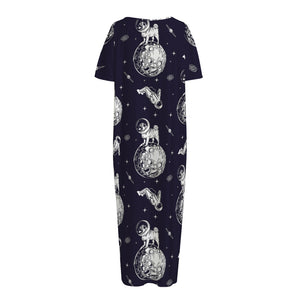 Astronaut Pug In Space Pattern Print Short Sleeve Long Nightdress