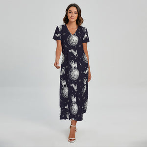 Astronaut Pug In Space Pattern Print Short Sleeve Maxi Dress