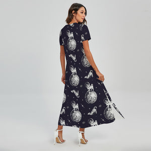 Astronaut Pug In Space Pattern Print Short Sleeve Maxi Dress