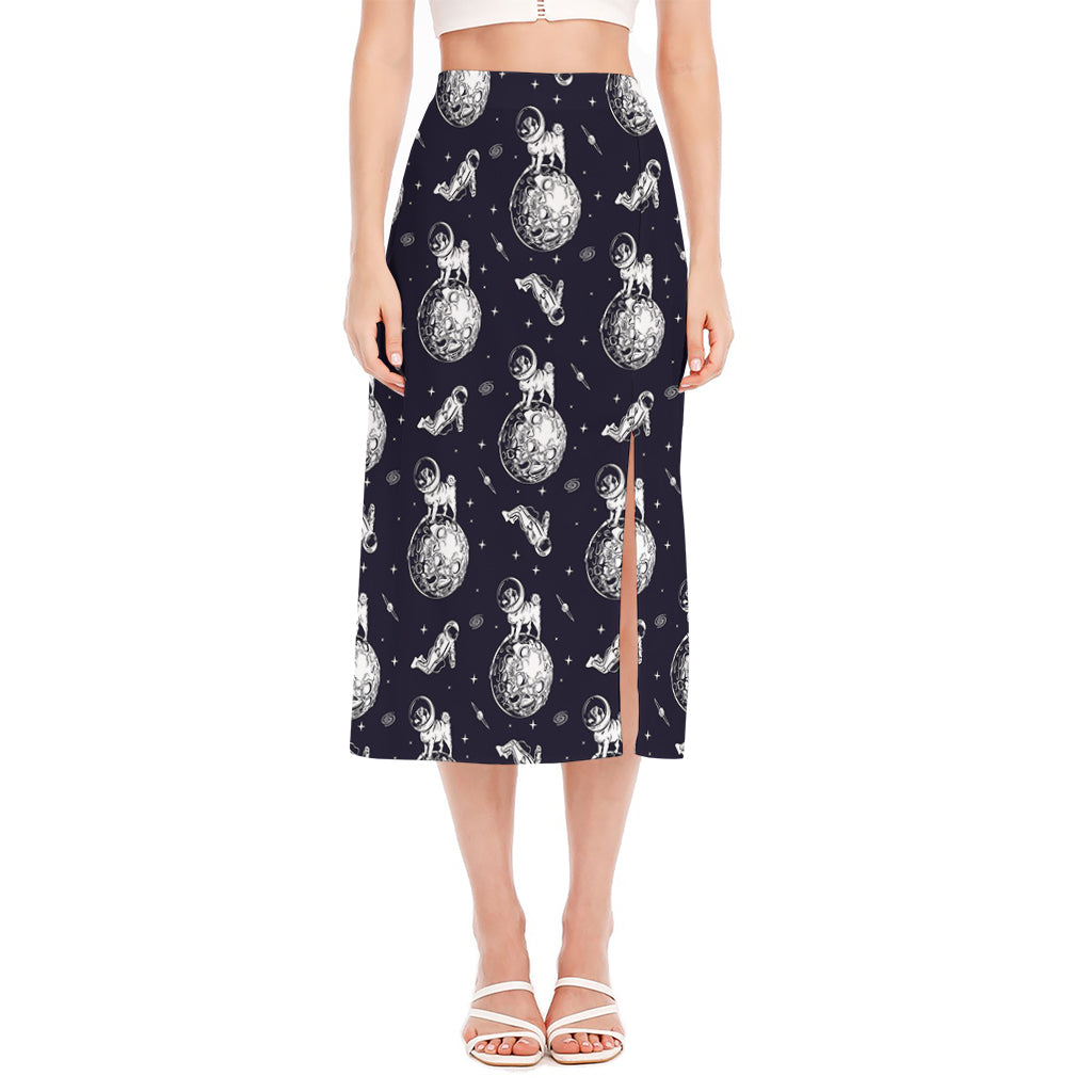 Astronaut Pug In Space Pattern Print Side Slit Midi Skirt