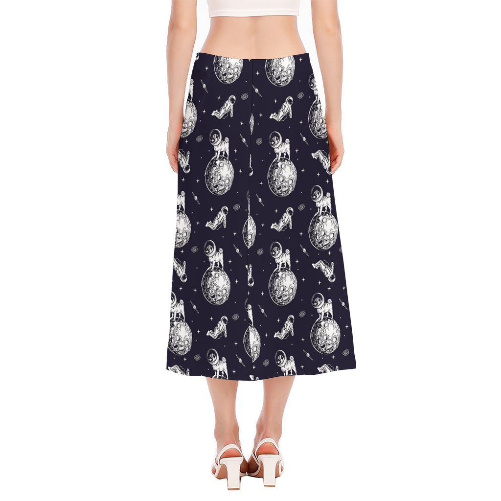 Astronaut Pug In Space Pattern Print Side Slit Midi Skirt