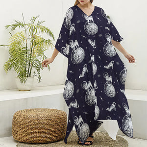 Astronaut Pug In Space Pattern Print Silk V-Neck Kaftan Dress