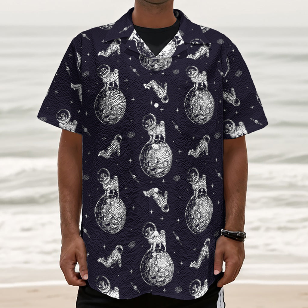 Astronaut Pug In Space Pattern Print Textured Short Sleeve Shirt