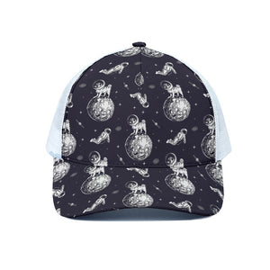 Astronaut Pug In Space Pattern Print White Mesh Trucker Cap