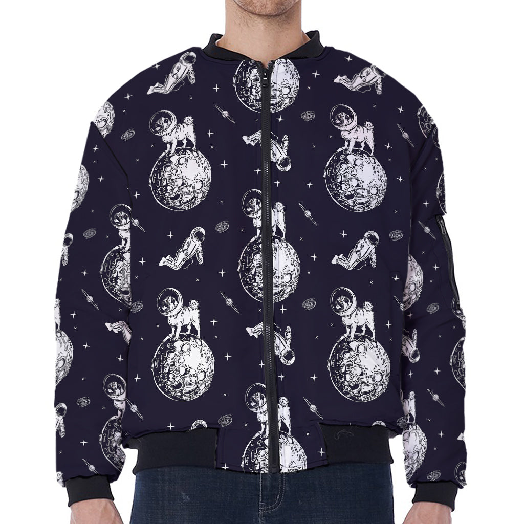 Astronaut Pug In Space Pattern Print Zip Sleeve Bomber Jacket