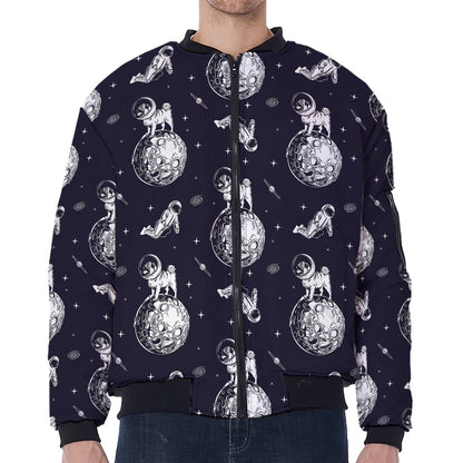 Astronaut Pug In Space Pattern Print Zip Sleeve Bomber Jacket