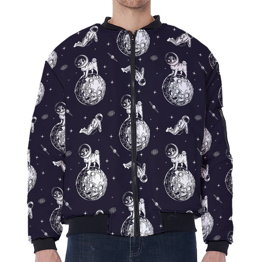 Astronaut Pug In Space Pattern Print Zip Sleeve Bomber Jacket