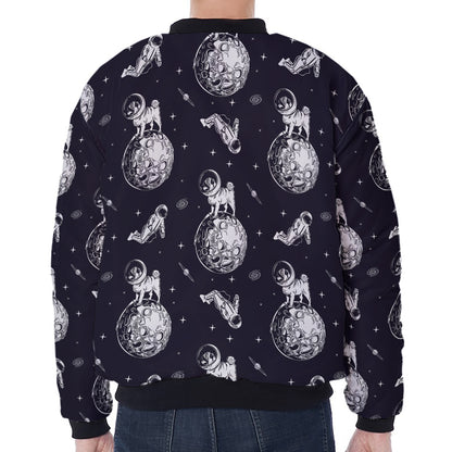 Astronaut Pug In Space Pattern Print Zip Sleeve Bomber Jacket