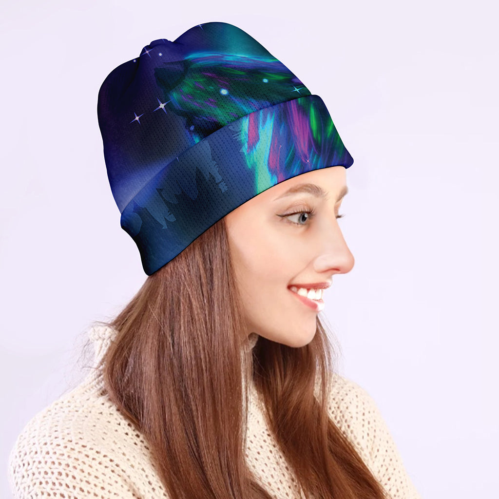 Aurora Howling Wolf Spirit Print Beanie