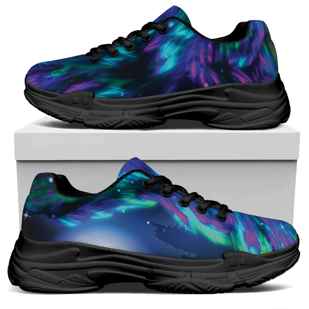 Aurora Howling Wolf Spirit Print Black Chunky Shoes
