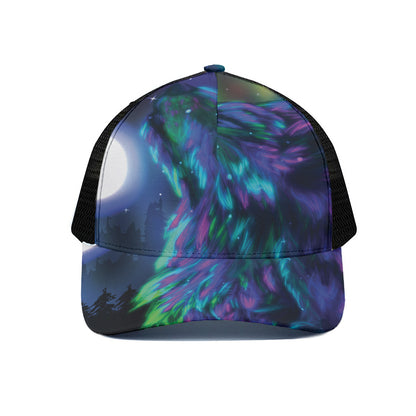 Aurora Howling Wolf Spirit Print Black Mesh Trucker Cap