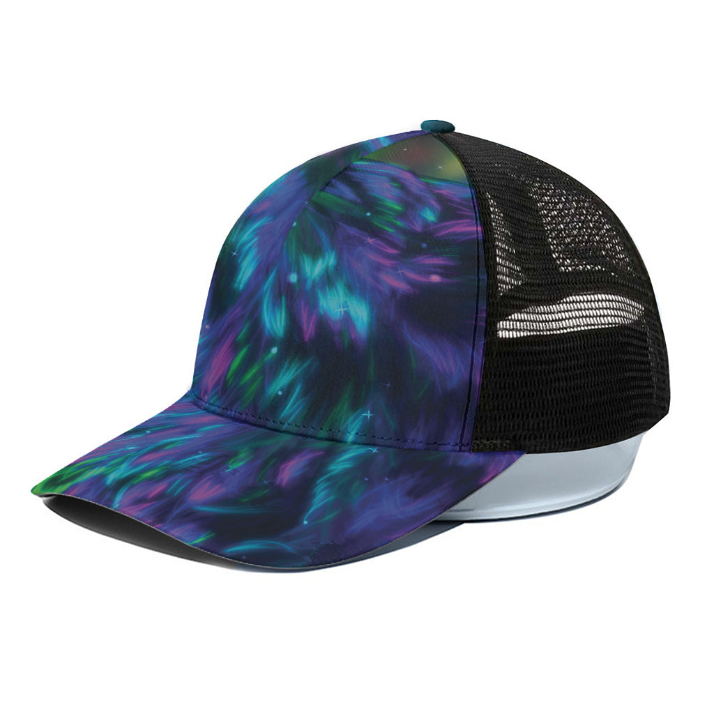 Aurora Howling Wolf Spirit Print Black Mesh Trucker Cap