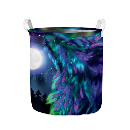 Aurora Howling Wolf Spirit Print Collapsible Laundry Basket