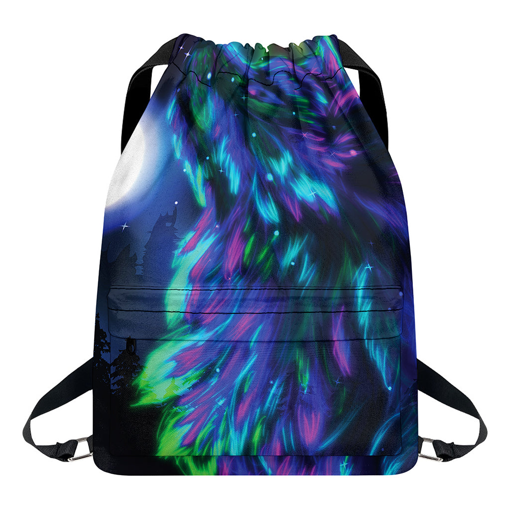 Aurora Howling Wolf Spirit Print Drawstring Backpack