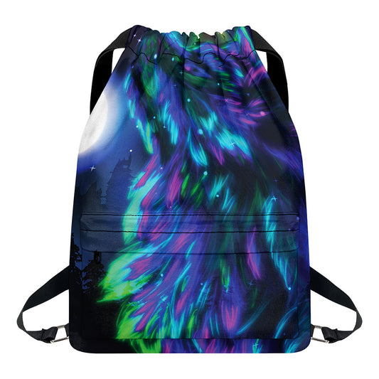 Aurora Howling Wolf Spirit Print Drawstring Backpack