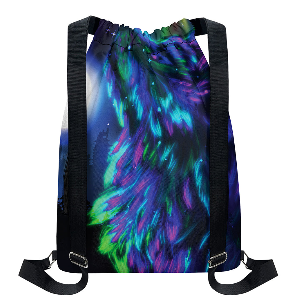 Aurora Howling Wolf Spirit Print Drawstring Backpack