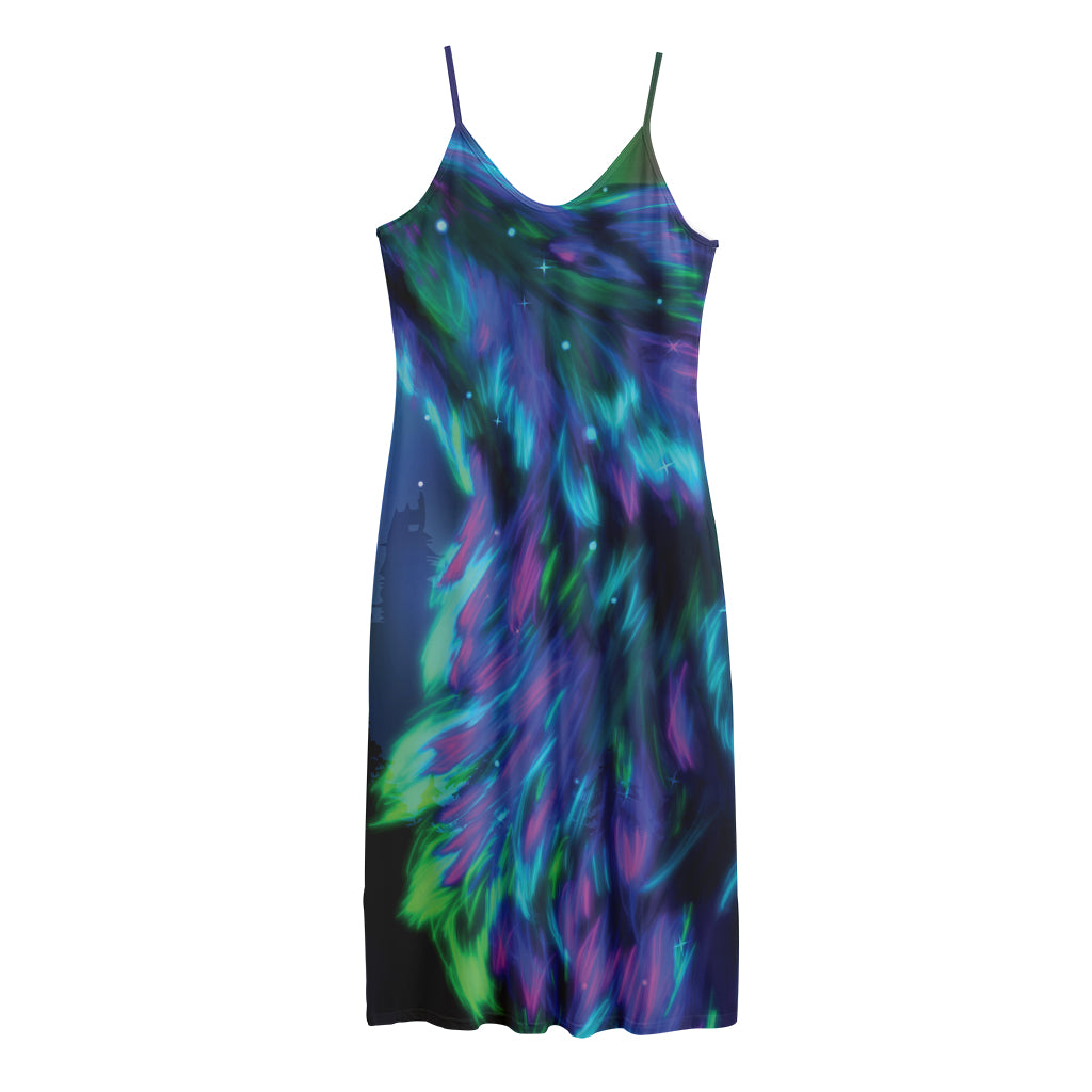 Aurora Howling Wolf Spirit Print Jersey Midi Cami Dress