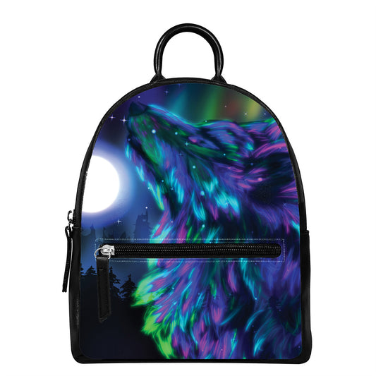 Aurora Howling Wolf Spirit Print Leather Backpack