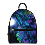 Aurora Howling Wolf Spirit Print Leather Backpack