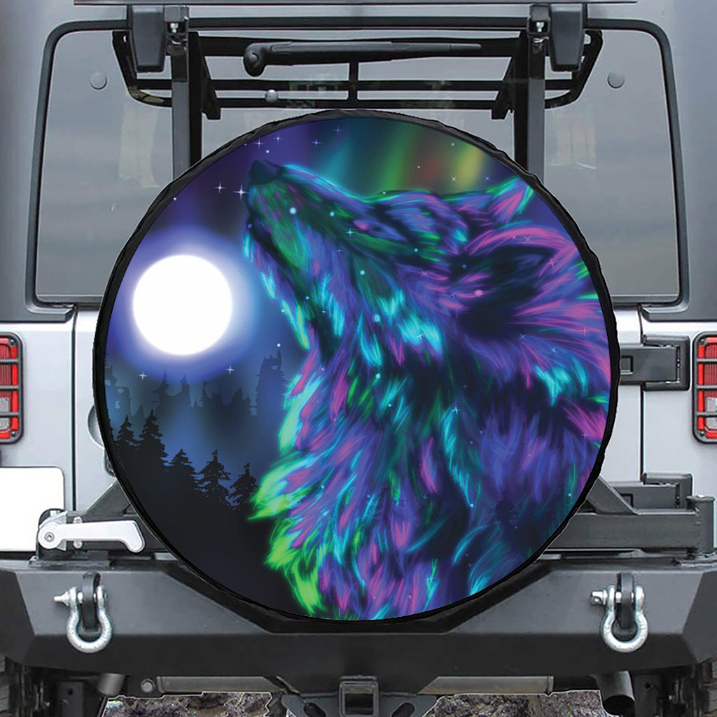 Aurora Howling Wolf Spirit Print Leather Spare Tire Cover