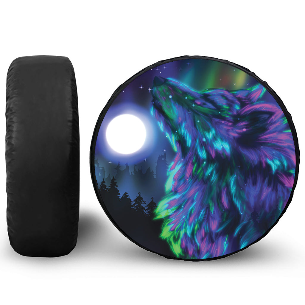 Aurora Howling Wolf Spirit Print Leather Spare Tire Cover