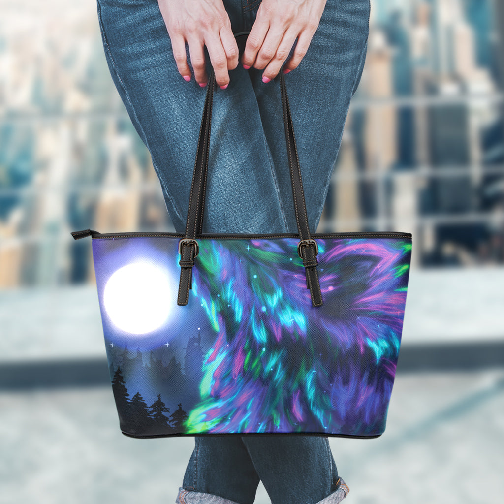 Aurora Howling Wolf Spirit Print Leather Tote Bag