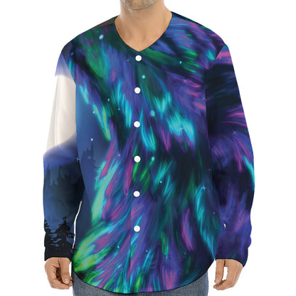 Aurora Howling Wolf Spirit Print Long Sleeve Baseball Jersey