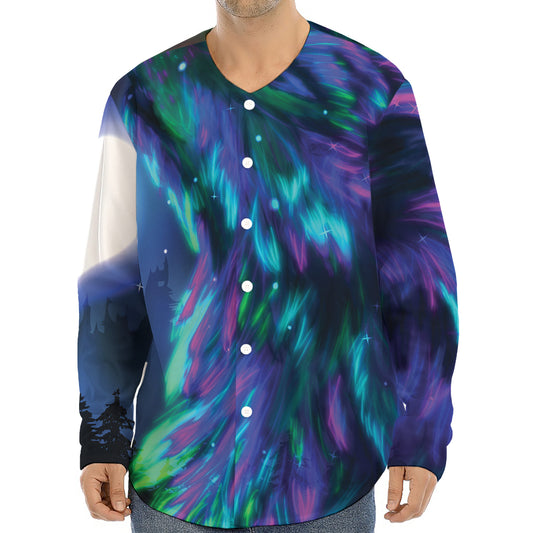 Aurora Howling Wolf Spirit Print Long Sleeve Baseball Jersey