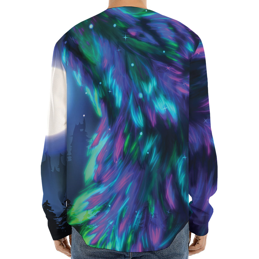 Aurora Howling Wolf Spirit Print Long Sleeve Baseball Jersey