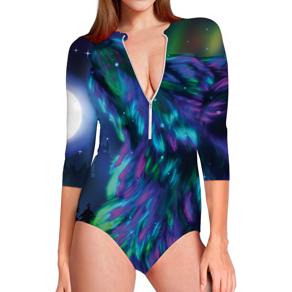 Aurora Howling Wolf Spirit Print Long Sleeve Swimsuit