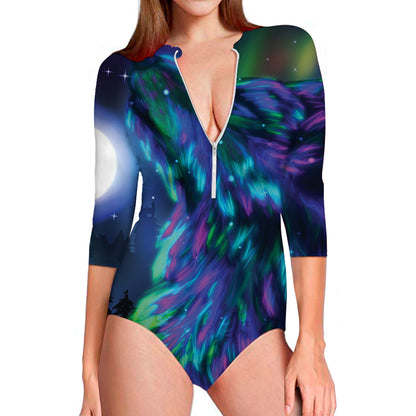 Aurora Howling Wolf Spirit Print Long Sleeve Swimsuit