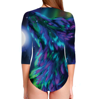 Aurora Howling Wolf Spirit Print Long Sleeve Swimsuit