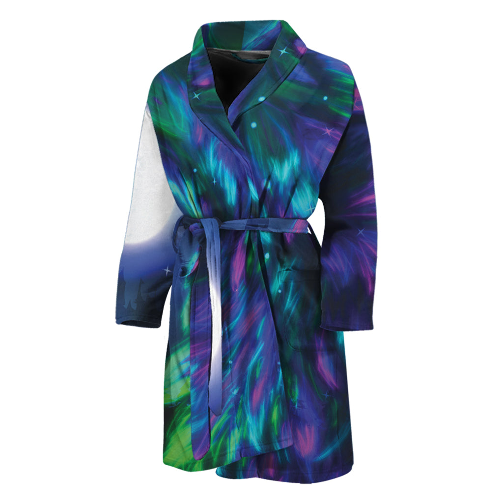 Aurora Howling Wolf Spirit Print Men's Bathrobe