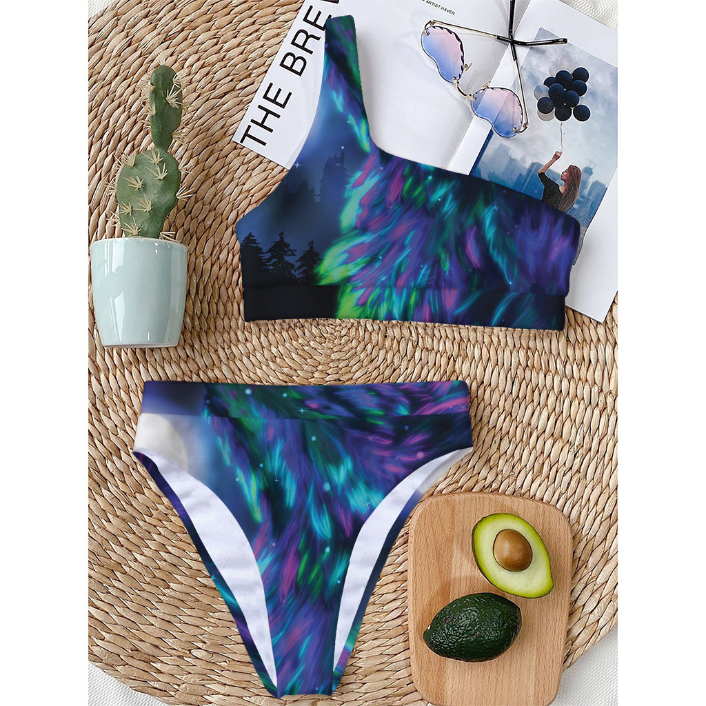 Aurora Howling Wolf Spirit Print One Shoulder Bikini Top