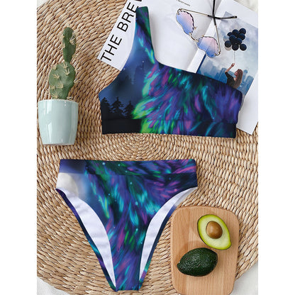 Aurora Howling Wolf Spirit Print One Shoulder Bikini Top
