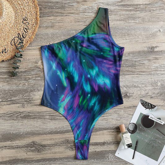 Aurora Howling Wolf Spirit Print One Shoulder Bodysuit