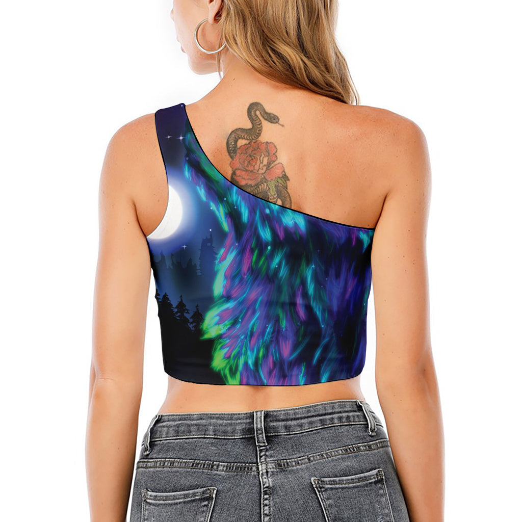 Aurora Howling Wolf Spirit Print One Shoulder Crop Top