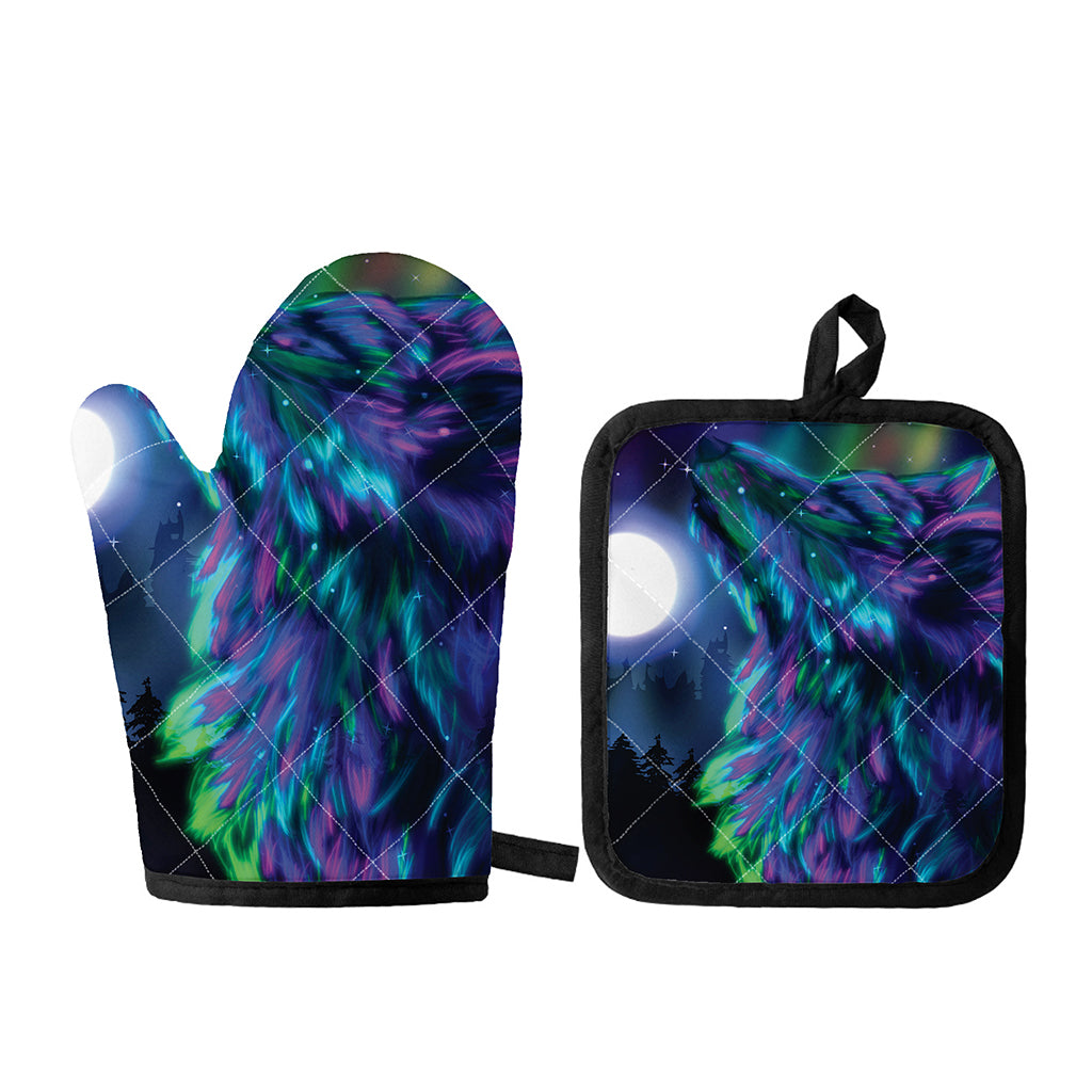 Aurora Howling Wolf Spirit Print Oven Mitt And Pot Holder Set