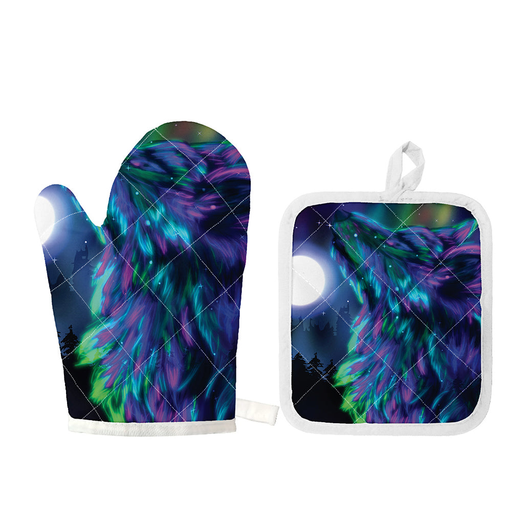 Aurora Howling Wolf Spirit Print Oven Mitt And Pot Holder Set