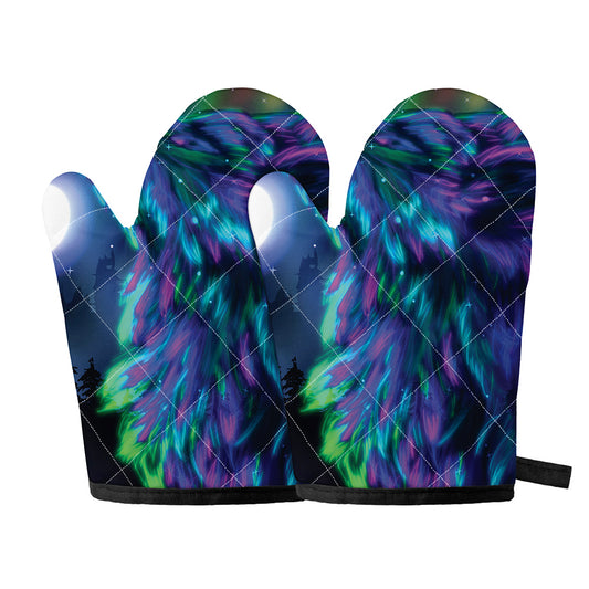 Aurora Howling Wolf Spirit Print Oven Mitts