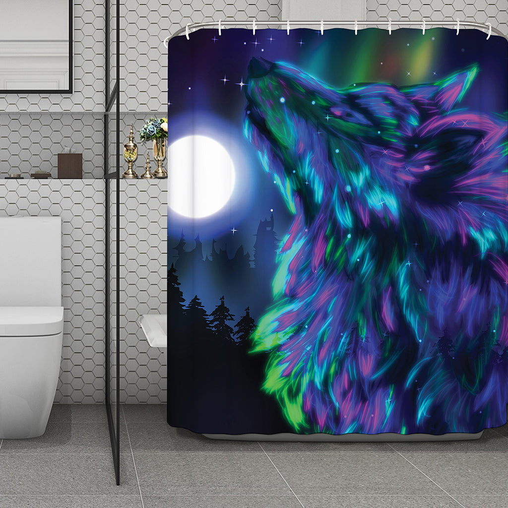 Aurora Howling Wolf Spirit Print Polyester Shower Curtain