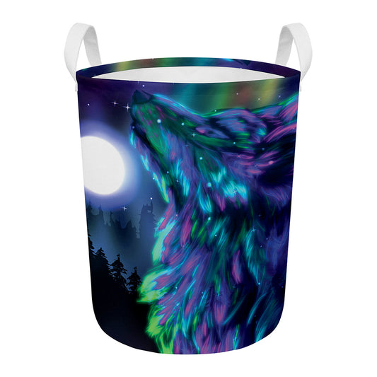 Aurora Howling Wolf Spirit Print Round Laundry Basket