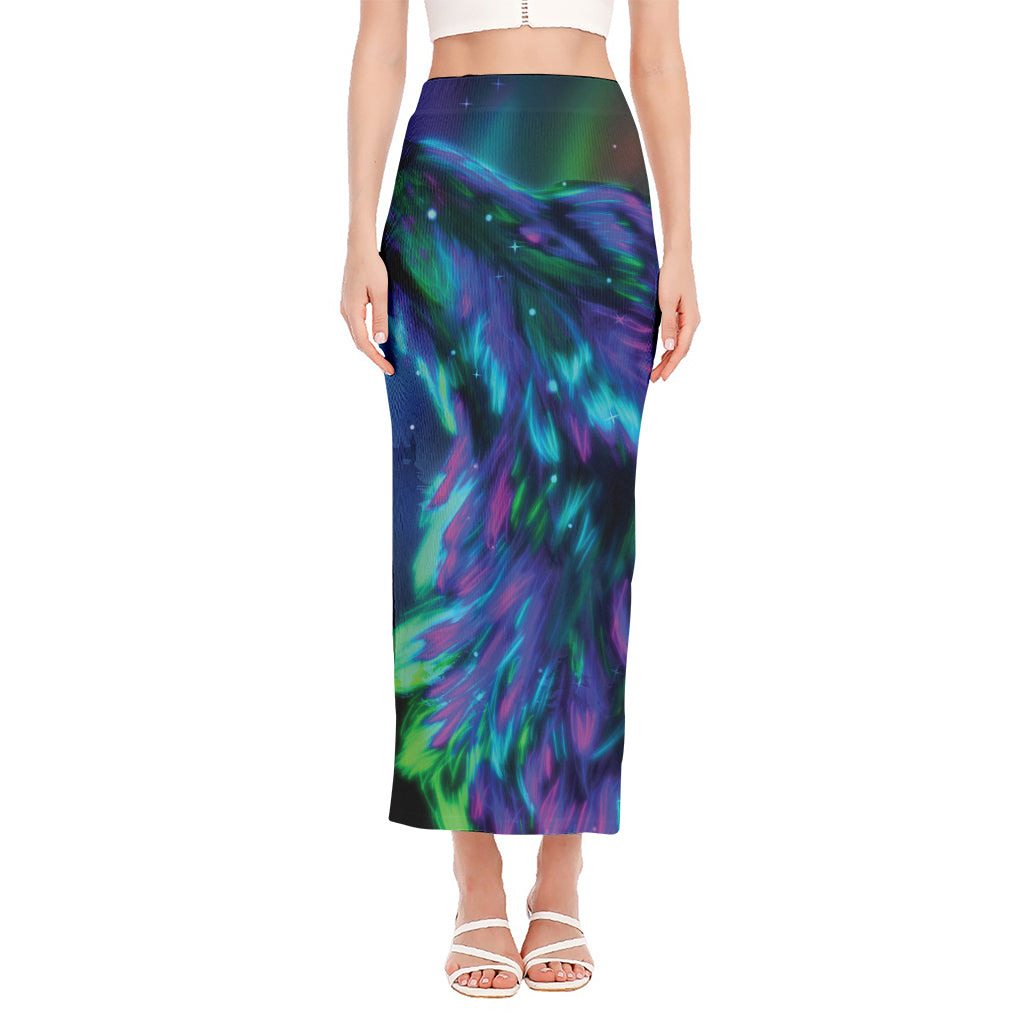 Aurora Howling Wolf Spirit Print Side Slit Maxi Skirt